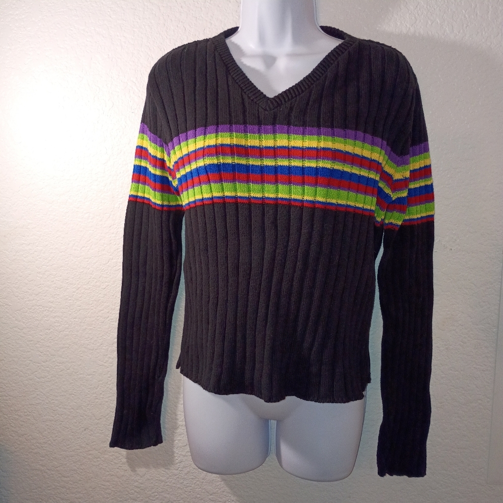 SMOOCHES Vintage Sweater V-neck Ribbed Knit Rainbow Size Medium